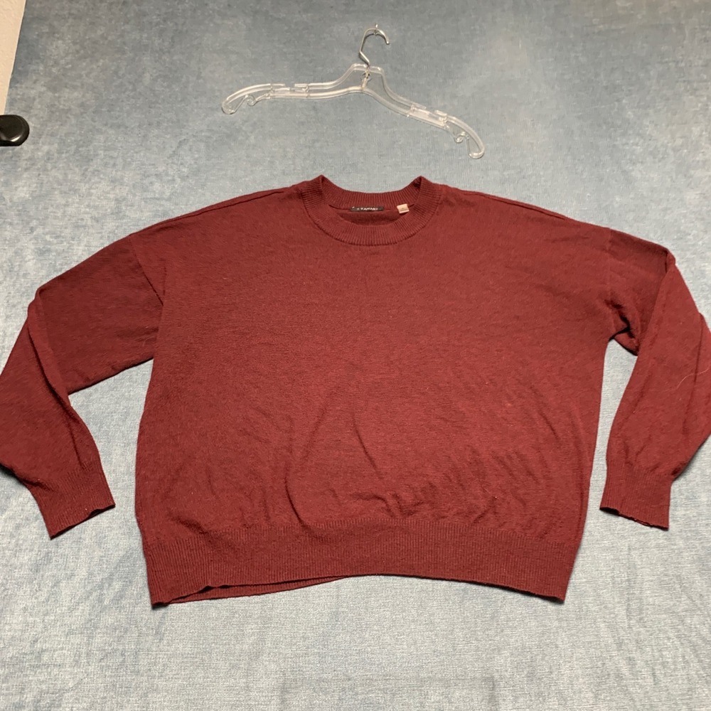 T Tahari Sweater Mens XL Burgundy Crew Neck Long Sleeve Ribbed Hem Winter Warm